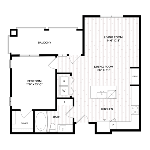 Floor plan for 1 bed, 1 bath, 773 sqft